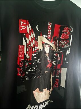 Bad Habit Black Graphic Anime Sailor Girl Tee with Red Accents